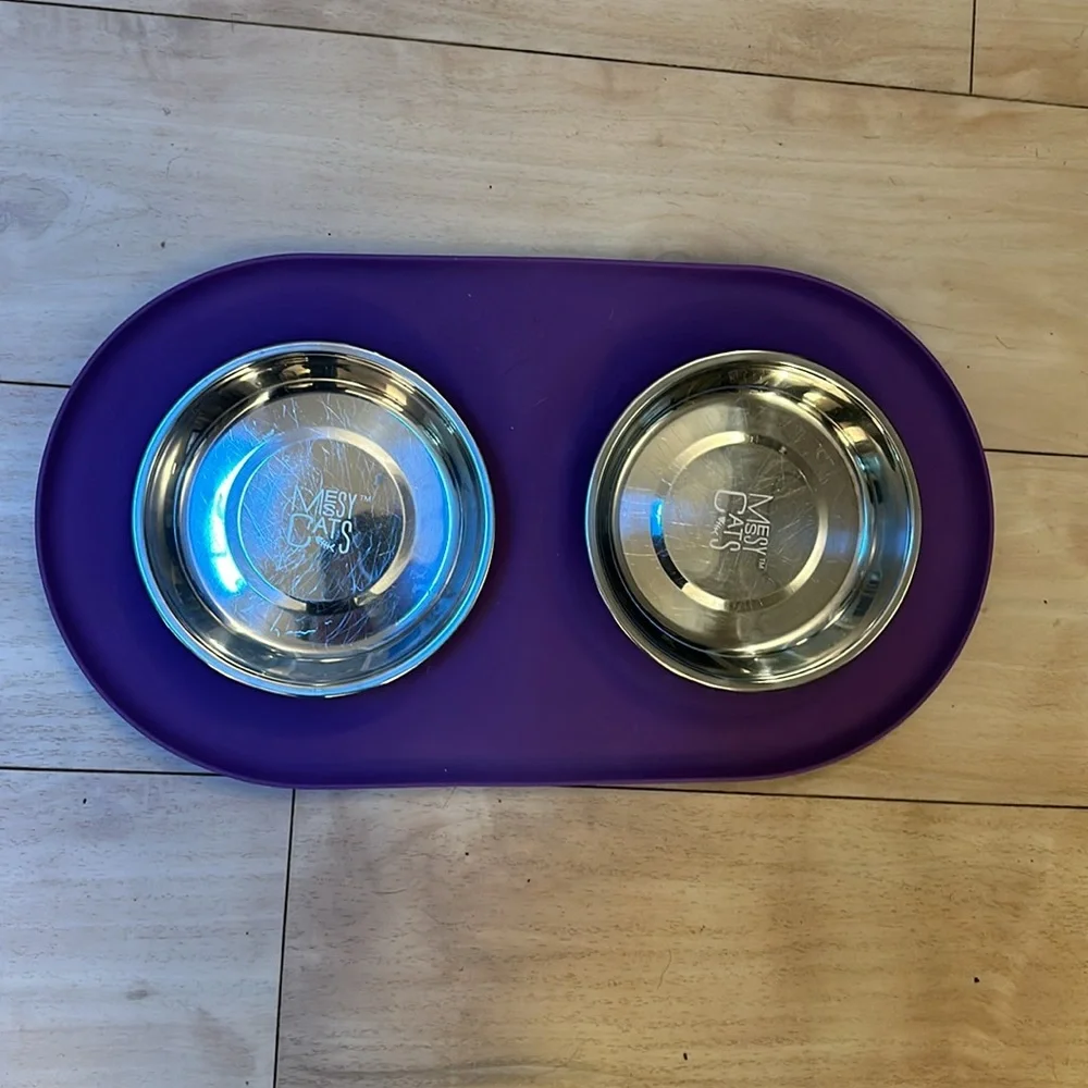 Messy Cat Bowls tray Modern Double Feeder purple silicon stainless steel bowls